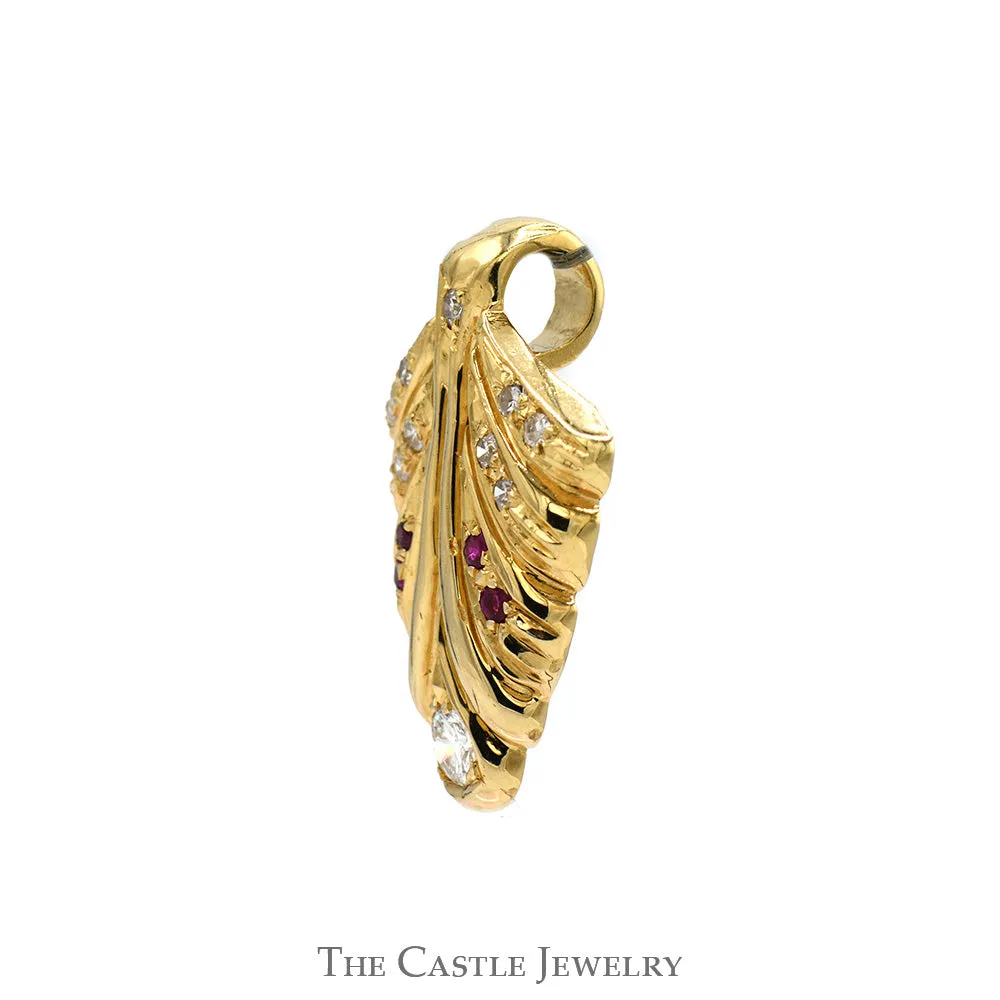 1/2cttw Diamond Leaf Pendant with Ruby Accents in 10k Yellow Gold