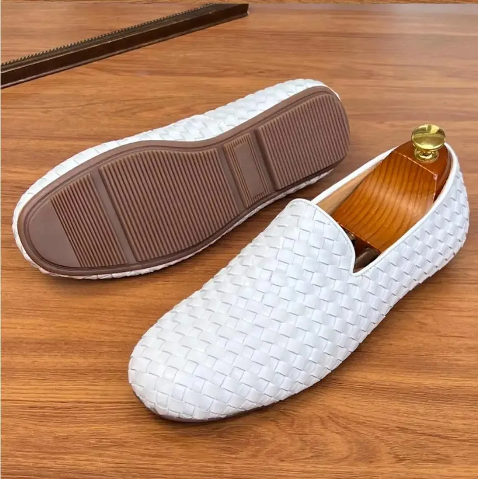 2023 New Arrives Men'S Casual Leather Shoes White Weave Loafers Rubber Sole Elegant Black Smoking Shoes Comfort Luxury Driving