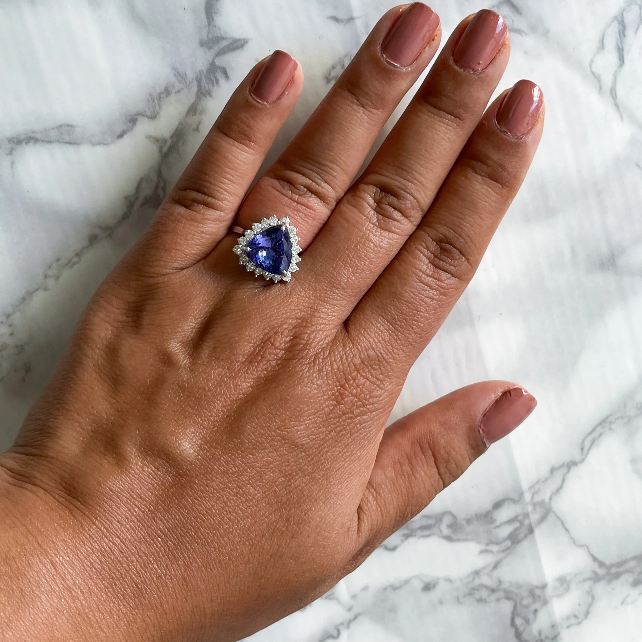 5.06ct Trillion Tanzanite Ring with Diamond Halo in 14K White Gold