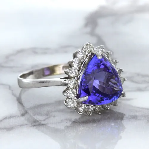 5.06ct Trillion Tanzanite Ring with Diamond Halo in 14K White Gold