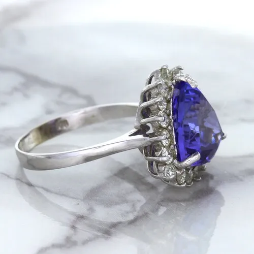 5.06ct Trillion Tanzanite Ring with Diamond Halo in 14K White Gold