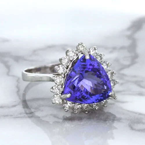 5.06ct Trillion Tanzanite Ring with Diamond Halo in 14K White Gold