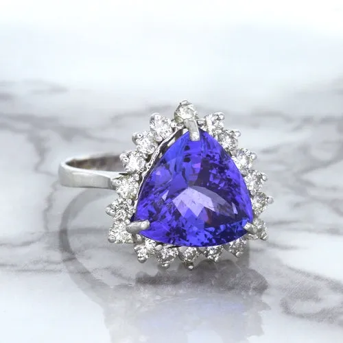 5.06ct Trillion Tanzanite Ring with Diamond Halo in 14K White Gold