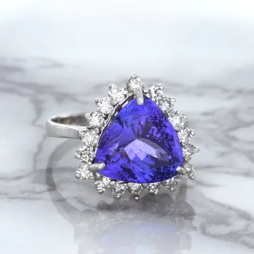 5.06ct Trillion Tanzanite Ring with Diamond Halo in 14K White Gold