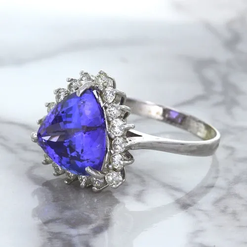 5.06ct Trillion Tanzanite Ring with Diamond Halo in 14K White Gold