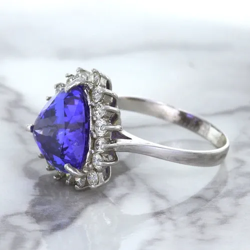 5.06ct Trillion Tanzanite Ring with Diamond Halo in 14K White Gold