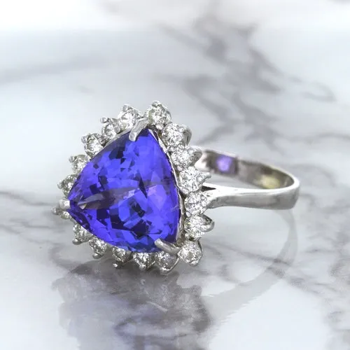 5.06ct Trillion Tanzanite Ring with Diamond Halo in 14K White Gold