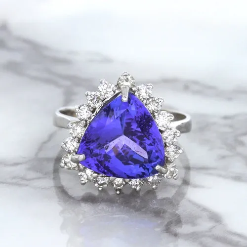 5.06ct Trillion Tanzanite Ring with Diamond Halo in 14K White Gold