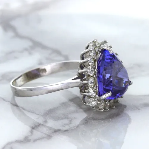 5.06ct Trillion Tanzanite Ring with Diamond Halo in 14K White Gold