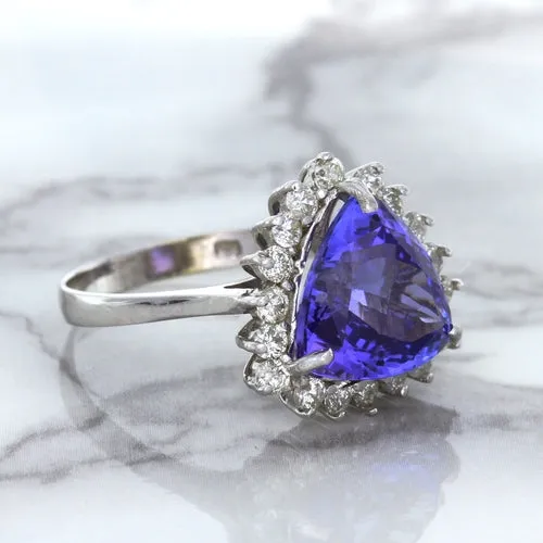 5.06ct Trillion Tanzanite Ring with Diamond Halo in 14K White Gold