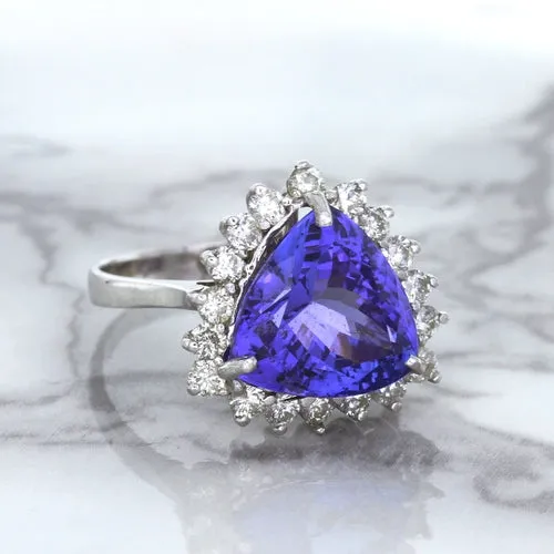 5.06ct Trillion Tanzanite Ring with Diamond Halo in 14K White Gold
