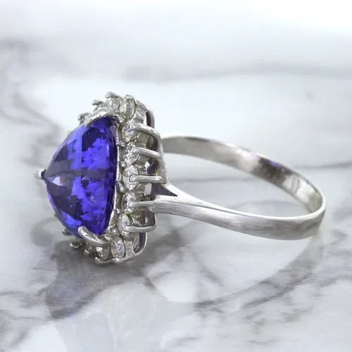 5.06ct Trillion Tanzanite Ring with Diamond Halo in 14K White Gold