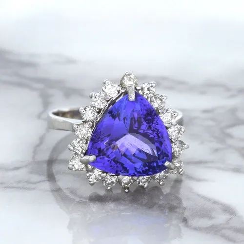 5.06ct Trillion Tanzanite Ring with Diamond Halo in 14K White Gold