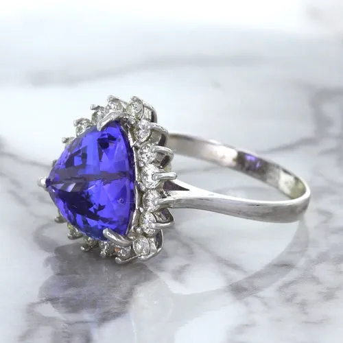 5.06ct Trillion Tanzanite Ring with Diamond Halo in 14K White Gold