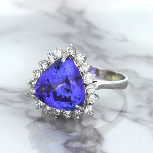 5.06ct Trillion Tanzanite Ring with Diamond Halo in 14K White Gold