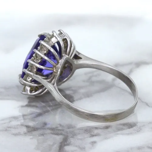 5.06ct Trillion Tanzanite Ring with Diamond Halo in 14K White Gold