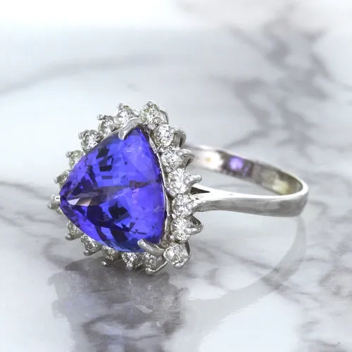 5.06ct Trillion Tanzanite Ring with Diamond Halo in 14K White Gold