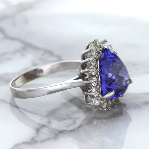 5.06ct Trillion Tanzanite Ring with Diamond Halo in 14K White Gold