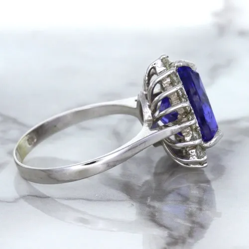 5.06ct Trillion Tanzanite Ring with Diamond Halo in 14K White Gold