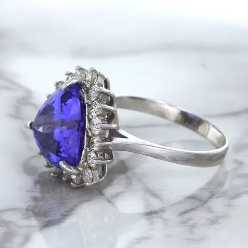 5.06ct Trillion Tanzanite Ring with Diamond Halo in 14K White Gold