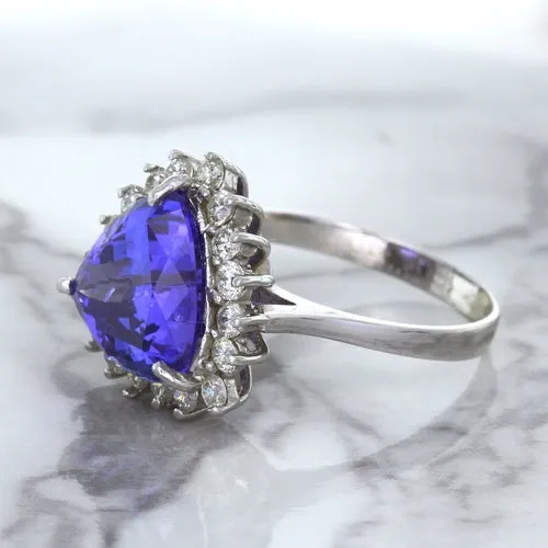 5.06ct Trillion Tanzanite Ring with Diamond Halo in 14K White Gold