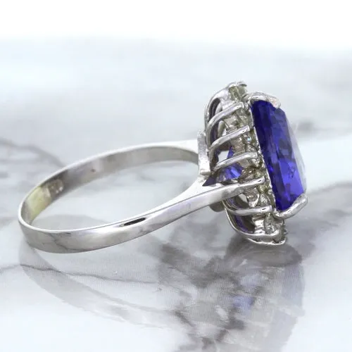 5.06ct Trillion Tanzanite Ring with Diamond Halo in 14K White Gold