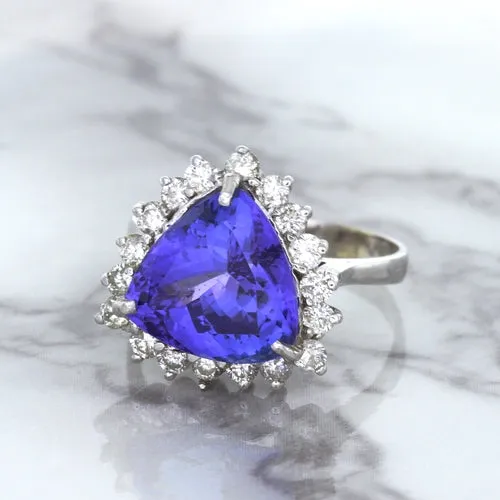 5.06ct Trillion Tanzanite Ring with Diamond Halo in 14K White Gold