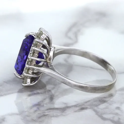 5.06ct Trillion Tanzanite Ring with Diamond Halo in 14K White Gold