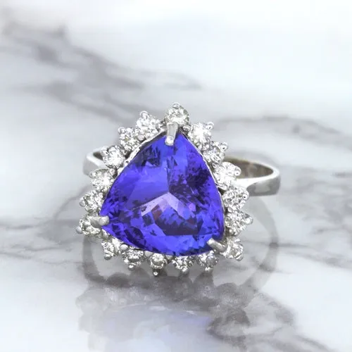 5.06ct Trillion Tanzanite Ring with Diamond Halo in 14K White Gold