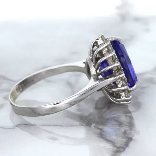 5.06ct Trillion Tanzanite Ring with Diamond Halo in 14K White Gold