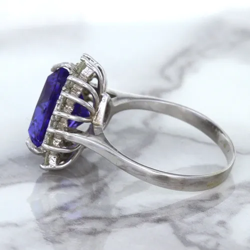 5.06ct Trillion Tanzanite Ring with Diamond Halo in 14K White Gold