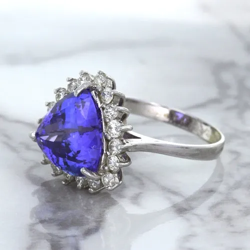 5.06ct Trillion Tanzanite Ring with Diamond Halo in 14K White Gold