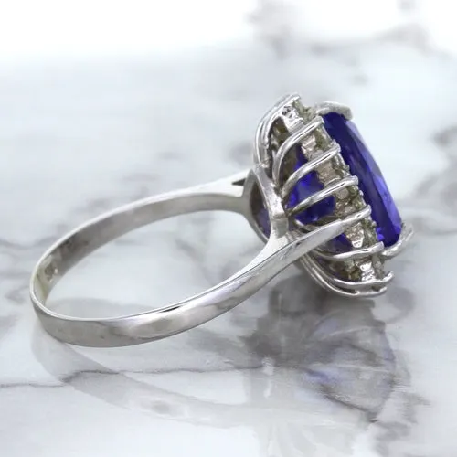 5.06ct Trillion Tanzanite Ring with Diamond Halo in 14K White Gold