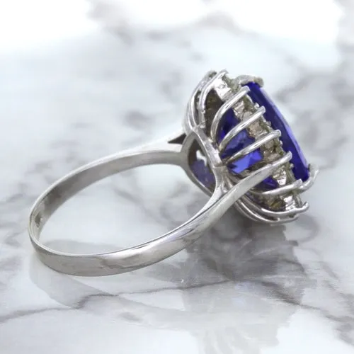 5.06ct Trillion Tanzanite Ring with Diamond Halo in 14K White Gold