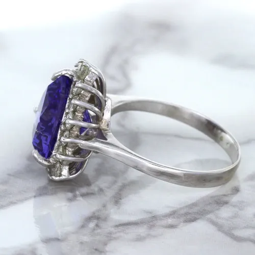 5.06ct Trillion Tanzanite Ring with Diamond Halo in 14K White Gold