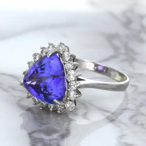 5.06ct Trillion Tanzanite Ring with Diamond Halo in 14K White Gold