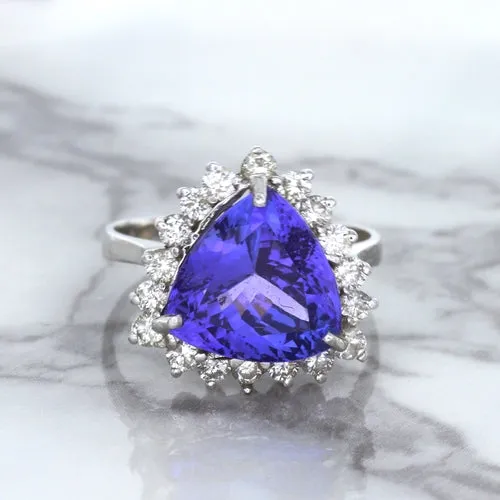 5.06ct Trillion Tanzanite Ring with Diamond Halo in 14K White Gold
