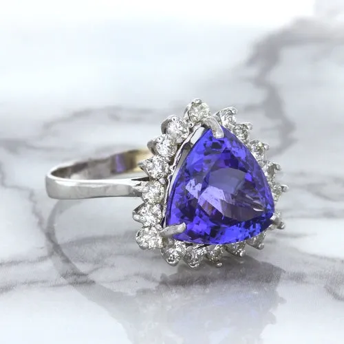5.06ct Trillion Tanzanite Ring with Diamond Halo in 14K White Gold