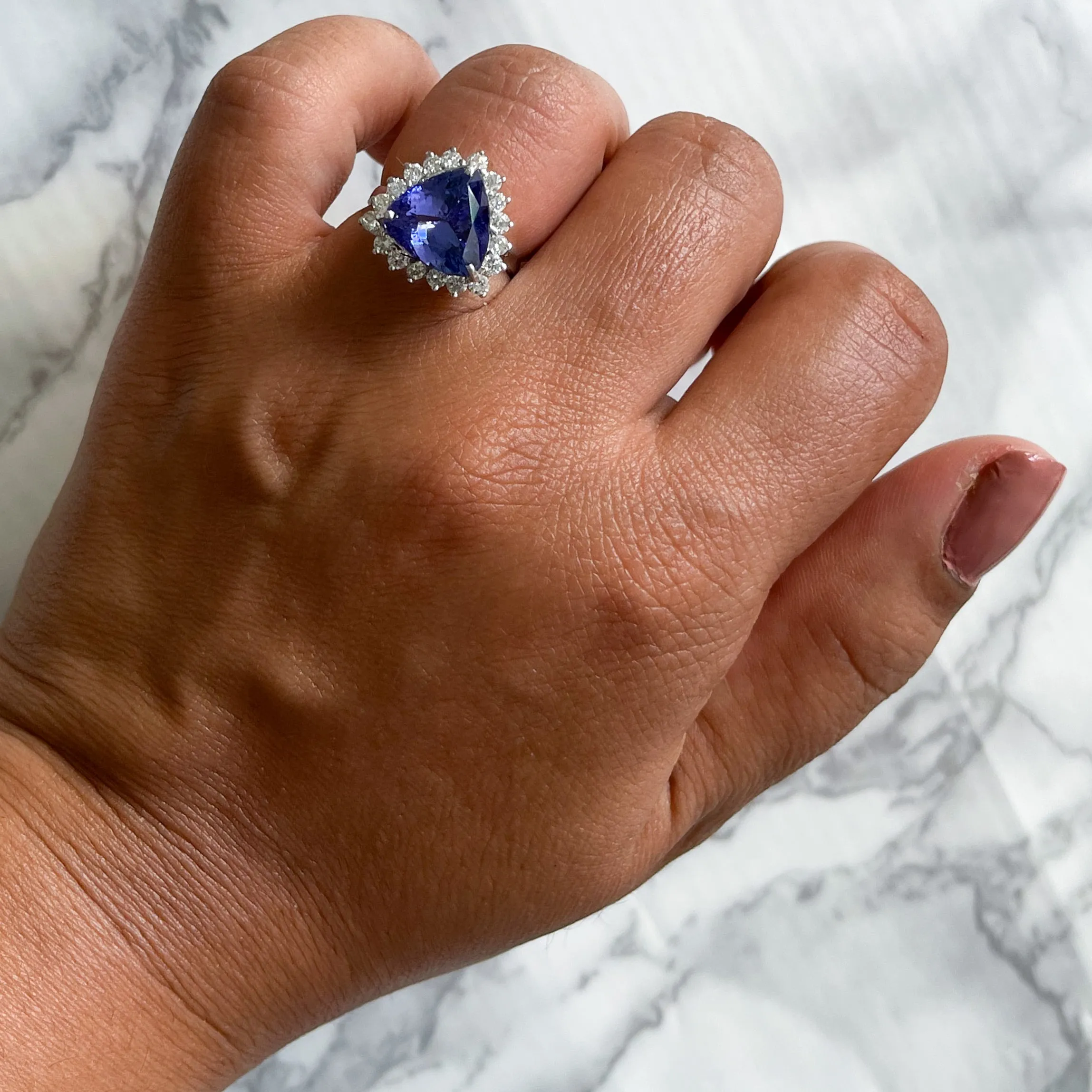 5.06ct Trillion Tanzanite Ring with Diamond Halo in 14K White Gold