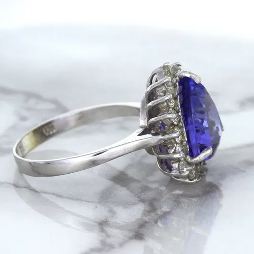 5.06ct Trillion Tanzanite Ring with Diamond Halo in 14K White Gold