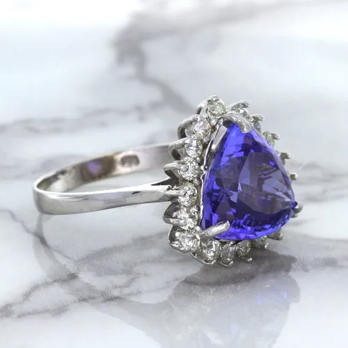 5.06ct Trillion Tanzanite Ring with Diamond Halo in 14K White Gold