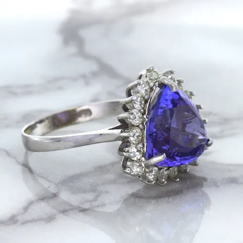5.06ct Trillion Tanzanite Ring with Diamond Halo in 14K White Gold