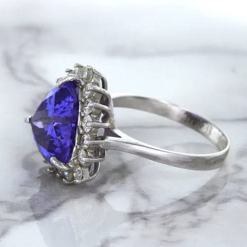 5.06ct Trillion Tanzanite Ring with Diamond Halo in 14K White Gold