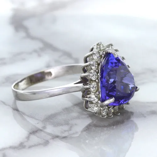 5.06ct Trillion Tanzanite Ring with Diamond Halo in 14K White Gold