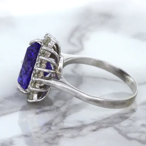 5.06ct Trillion Tanzanite Ring with Diamond Halo in 14K White Gold