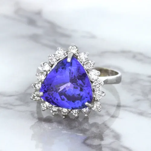5.06ct Trillion Tanzanite Ring with Diamond Halo in 14K White Gold
