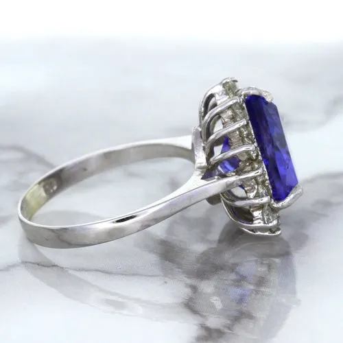5.06ct Trillion Tanzanite Ring with Diamond Halo in 14K White Gold