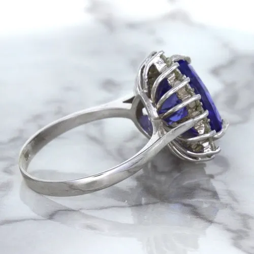5.06ct Trillion Tanzanite Ring with Diamond Halo in 14K White Gold