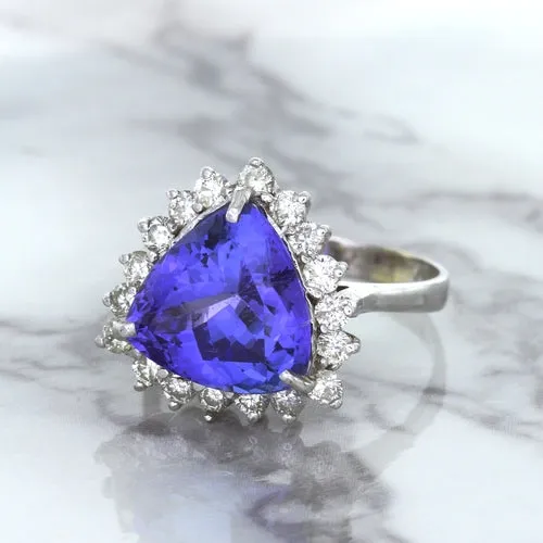 5.06ct Trillion Tanzanite Ring with Diamond Halo in 14K White Gold
