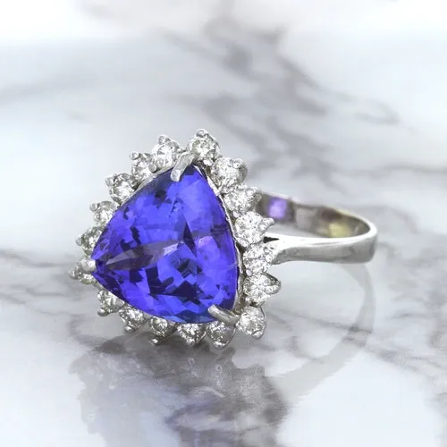 5.06ct Trillion Tanzanite Ring with Diamond Halo in 14K White Gold